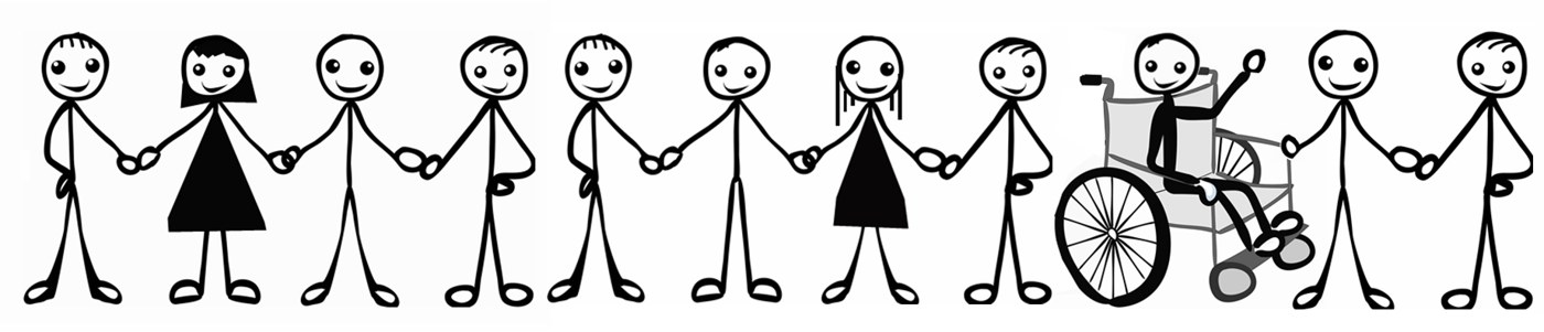 A row of smiling cartoon figures holding hands, including one person in a wheelchair